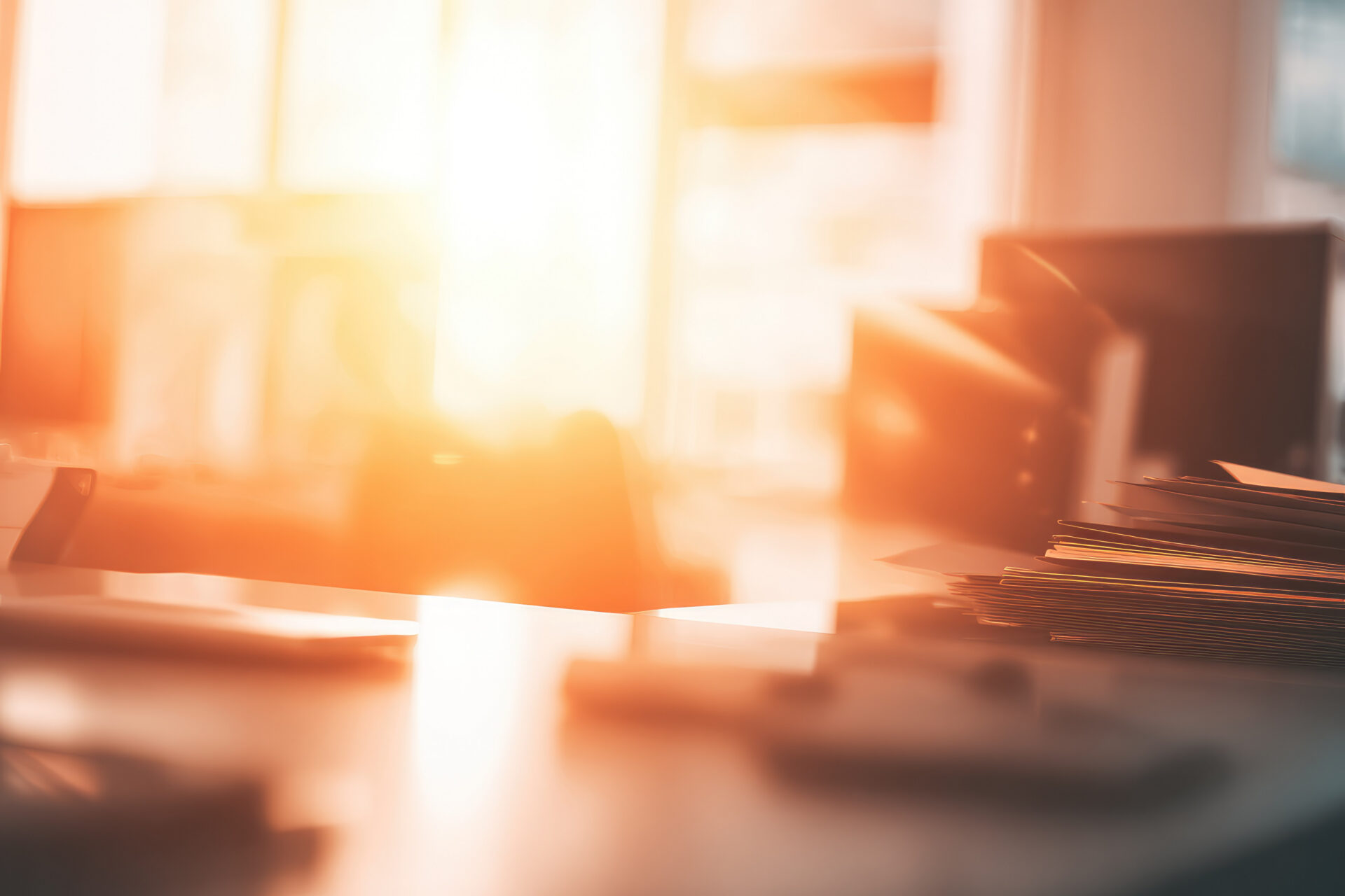 Soft focus office environment with warm morning glow blurred workspace sunlight streaming through windows modern desk paperwork peaceful atmosphere productivity contemporary interior